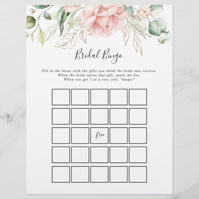 Gold Green Foliage Floral Bridal Bingo Game (Front)