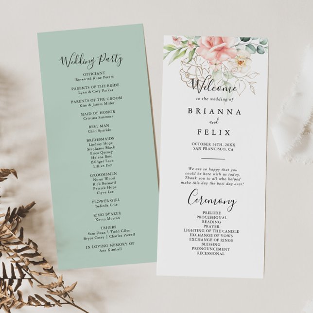 Gold Green Foliage Floral Wedding Programme (Créateur téléchargé)