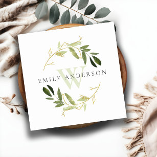 GOLD GREEN FOLIAGE INITIAL WREATH PROFESSIONAL SQUARE BUSINESS CARD