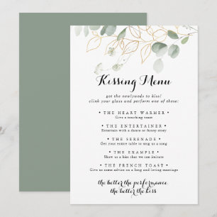 Gold Green Foliage Mariage Menu de baiser Carte de