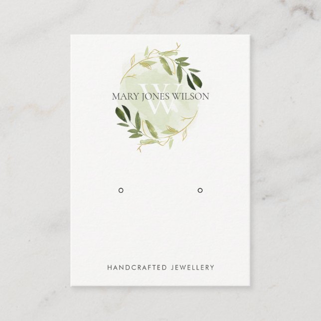 GOLD GREEN FOLIAGE MONOGRAM EARRING DISPLAY LOGO BUSINESS CARD (Front)