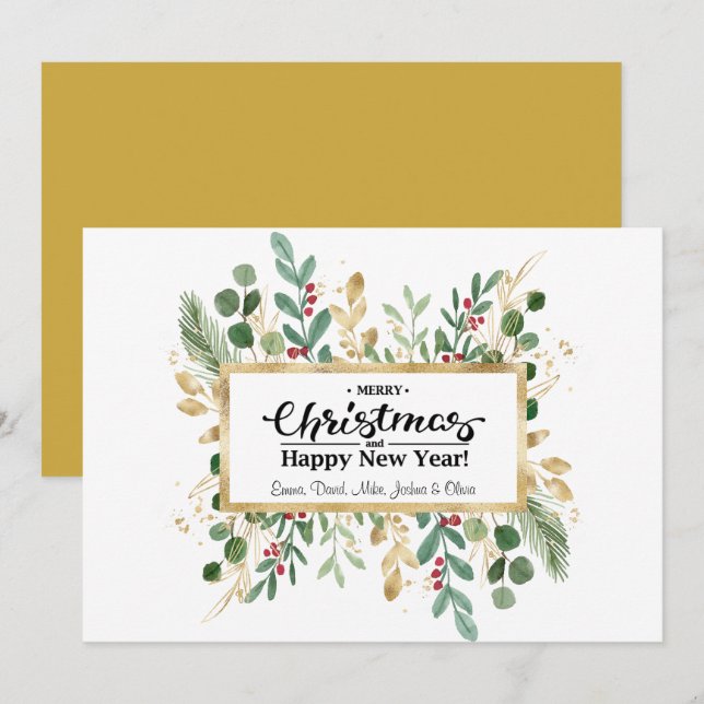 Gold Green Foliage | Red Berry Greeting Holiday Card (Front/Back)