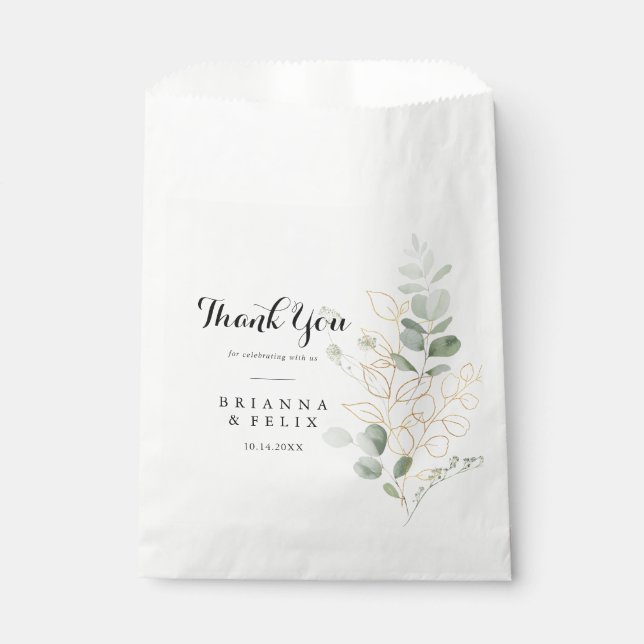 Gold Green Foliage Thank You Wedding  Favour Bag (Front)