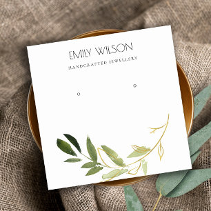 GOLD GREEN FOLIAGE WATERCOLOR EARRING DISPLAY LOGO SQUARE BUSINESS CARD