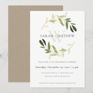 GOLD GREEN FOLIAGE WATERCOLOR WASH WREATH WEDDING INVITATION