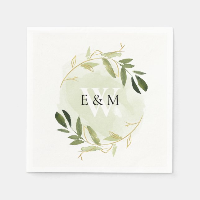GOLD GREEN FOLIAGE WATERCOLOR WREATH WEDDING NAPKIN (Front)