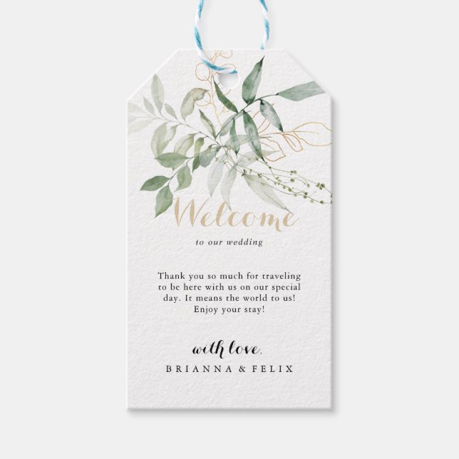 Gold Green Foliage Wedding Welcome  Gift Tags (Front)