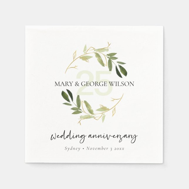 GOLD GREEN FOLIAGE WREATH ANY YEAR 25 ANNIVERSARY NAPKIN (Front)