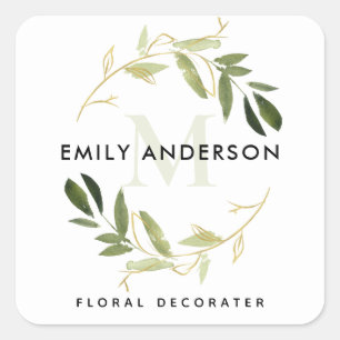GOLD GREEN FOLIAGE WREATH PROFESSIONAL MONOGRAM SQUARE STICKER