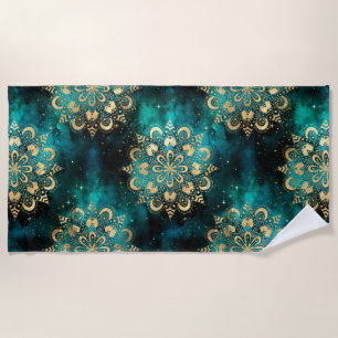 Gold & Green Galaxy Dharma Mandala Pattern Beach Towel