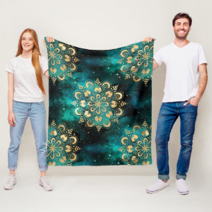 Gold & Green Galaxy Dharma Mandala Pattern Fleece Blanket