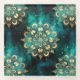 Gold & Green Galaxy Dharma Mandala Pattern Glass Coaster