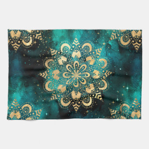 Gold & Green Galaxy Dharma Mandala Pattern Kitchen Towel