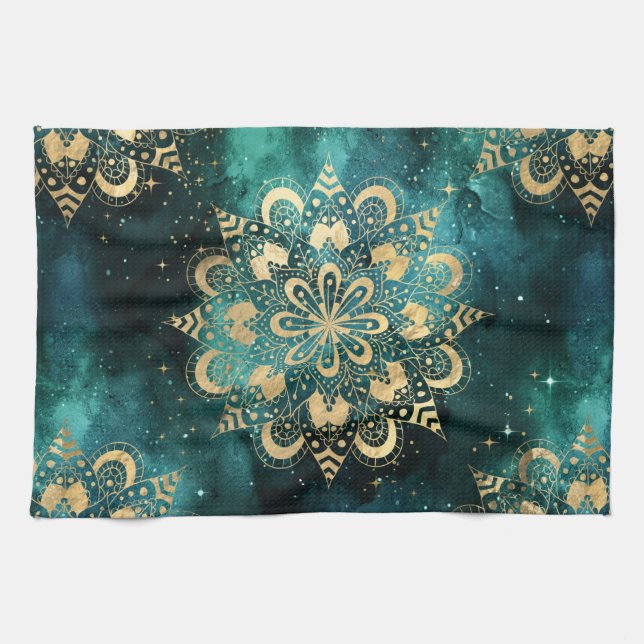 Gold & Green Galaxy Dharma Mandala Pattern Kitchen Towel (Horizontal)