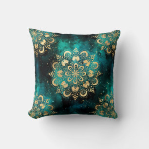 Gold & Green Galaxy Dharma Mandala Pattern Throw Pillow