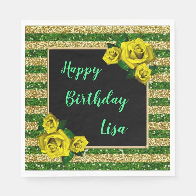 Gold Green Glitter Stripes Yellow Roses Birthday Napkin (Front)