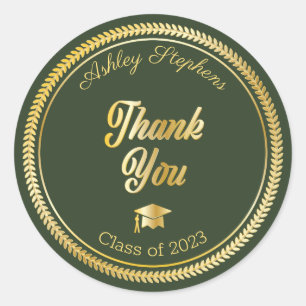 Gold   Green Grad Cap Class of 2023 Thank You Classic Round Sticker