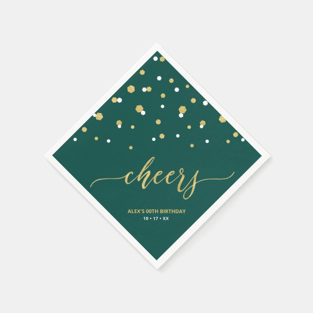 Gold & Green Hexagon Confetti Cheers Custom Party Napkin (Corner)