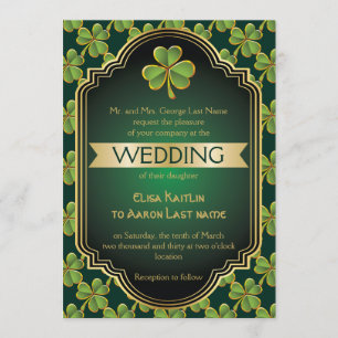 Gold, green irish clover and frame wedding invitation