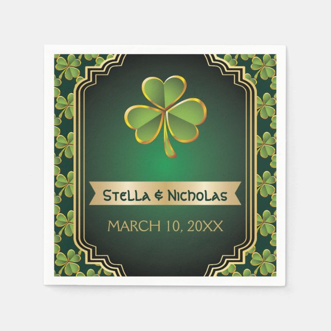 Gold, green Irish clover and frame wedding Napkin (Front)