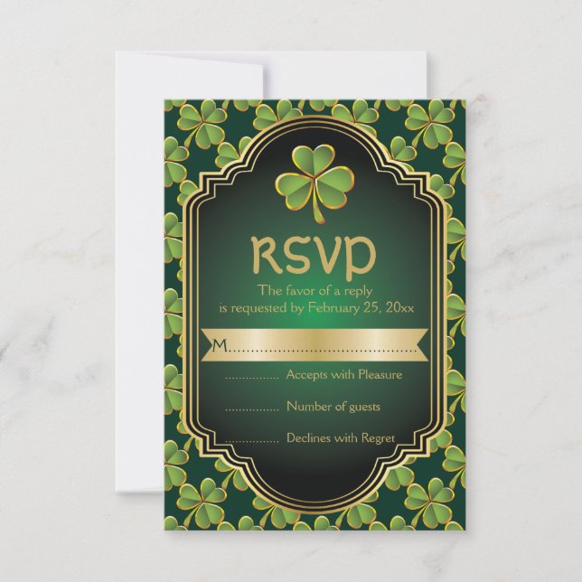 Gold, green Irish clover and frame wedding RSVP (Front)