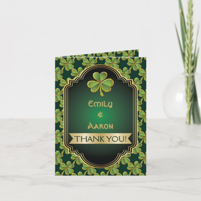 Gold, green Irish clover & frame wedding Thank You (Front)