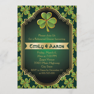 Gold, green Irish clover wedding rehearsal dinner Invitation