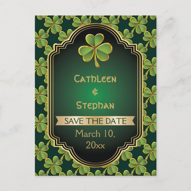 Gold, green Irish clover wedding Save the Date Announcement Postcard (Front)