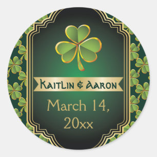 Gold, green Irish clover wedding Save the Date Classic Round Sticker