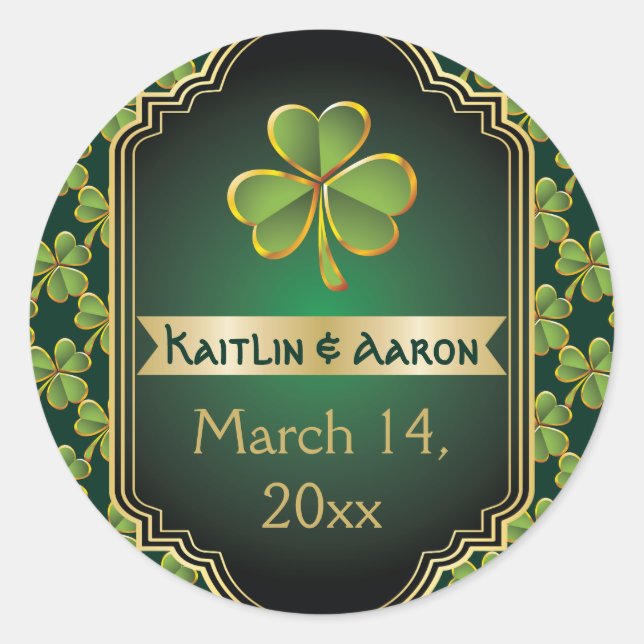 Gold, green Irish clover wedding Save the Date Classic Round Sticker (Front)