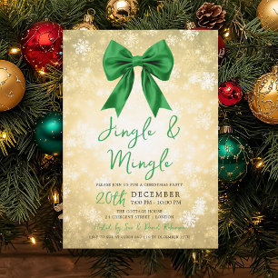 Gold Green Jingle Mingle Christmas Party Bow Snow Invitation