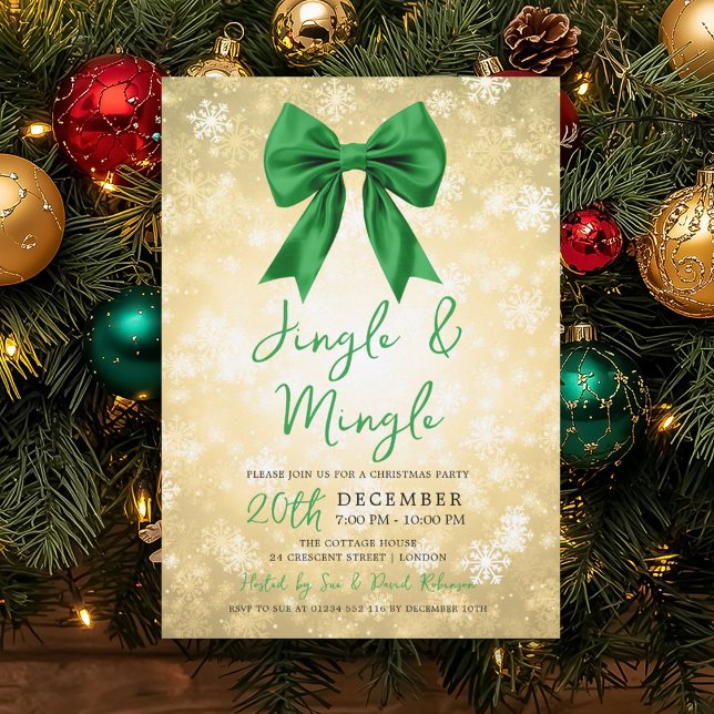 Gold Green Jingle Mingle Christmas Party Bow Snow  Invitation (Gold Green Jingle Mingle Christmas Party Bow Snow Invitation)
