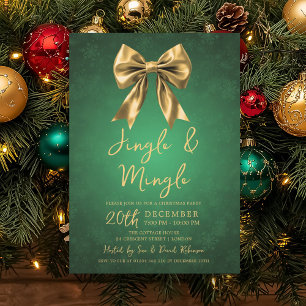 Gold Green Jingle Mingle Christmas Party Bow Snow  Invitation