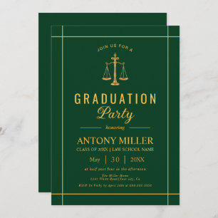 Gold, green law school graduation Class Of 2025  Invitation