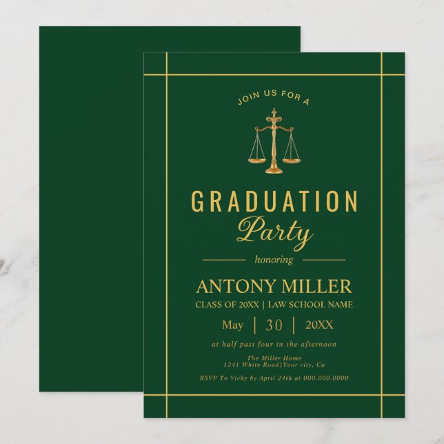 Gold, green law school graduation Class Of 2025  Invitation (Front/Back)