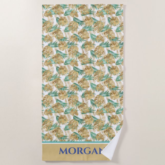 Gold & Green Leaves, Bold Name or Initials Beach T Beach Towel (Front)