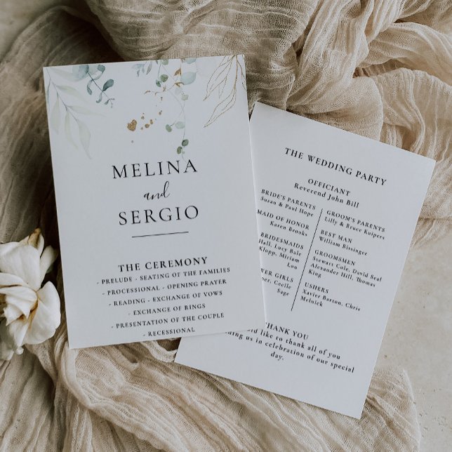Gold Green Leaves Calligraphy Wedding Program (Creator Uploaded)