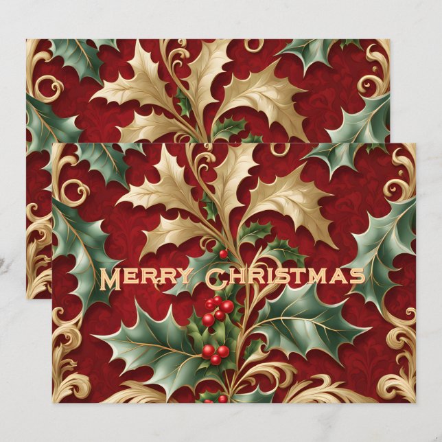 Gold Green Leaves Red Christmas Holiday Card (Front/Back)