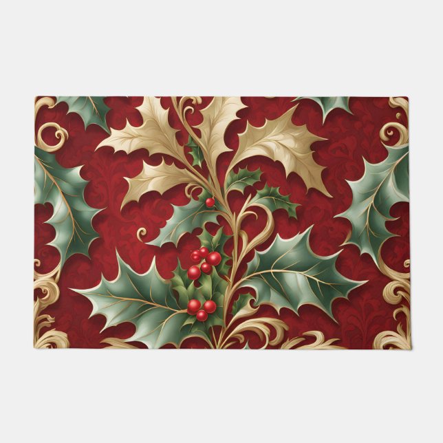 Gold Green Leaves Red Christmas Holiday Doormat (Front)
