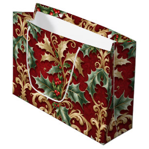 Gold Green Leaves Red Christmas Holiday Gift Bag