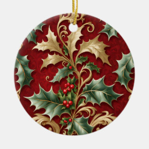 Gold Green Leaves Red Christmas Holiday Ornament