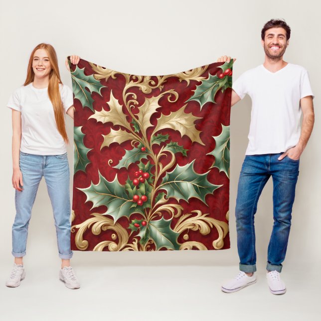 Gold Green Leaves Red Holiday Fleece Blanket (In Situ)