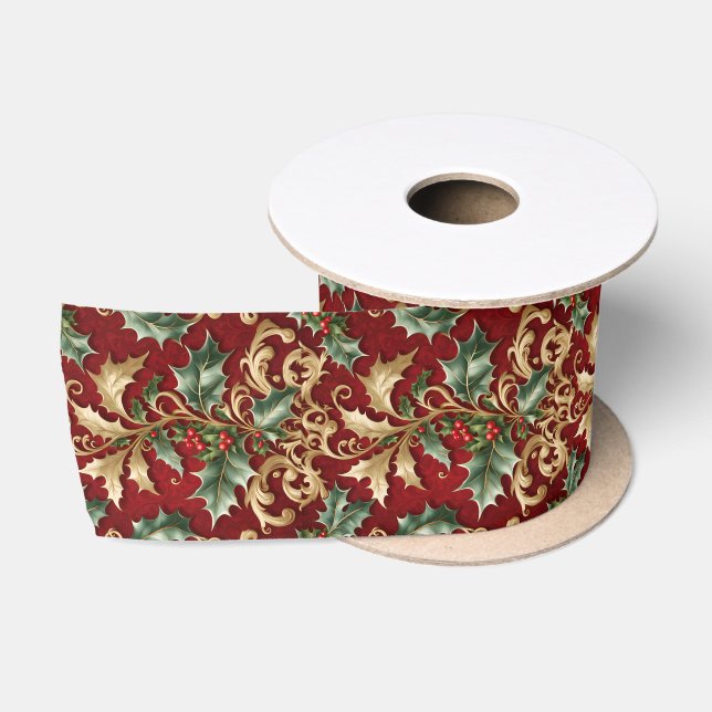 Gold Green Leaves Red Holiday Satin Ribbon (Spool)