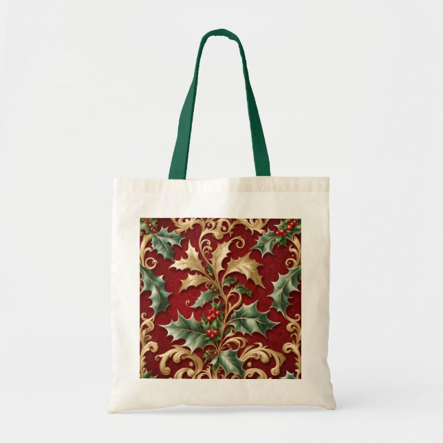 Gold Green Leaves Red Holiday Tote Bag (Front)