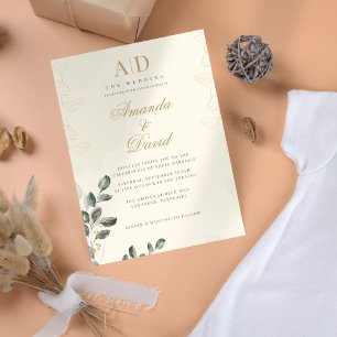 Gold Green Leaves Simple and Elegant Wedding Invitation