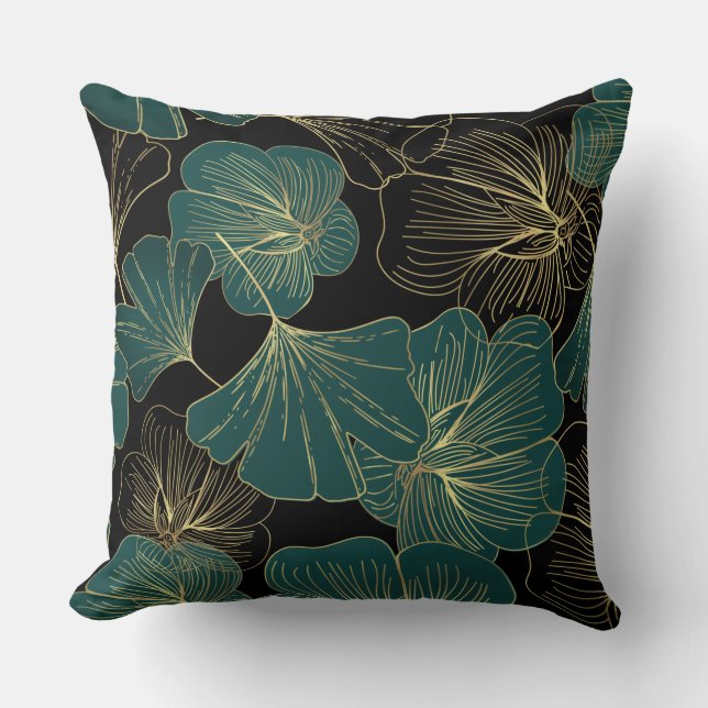 Gold green leaves throw pillow (Front)