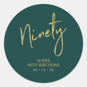 Gold & Green Lettering Ninety 90th Birthday Favour Classic Round Sticker