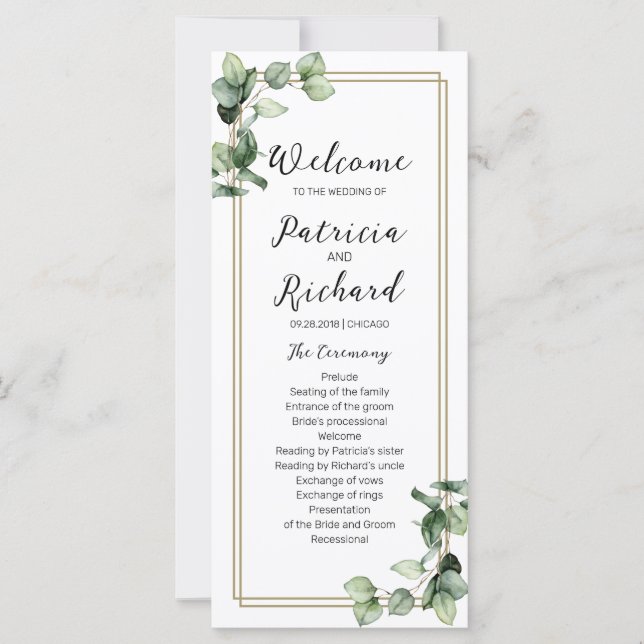 Gold Green Mariage Ceremony Programme 4x9 Card (Devant)
