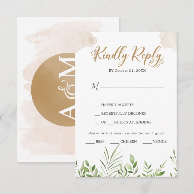 Gold Green Menu Choice Wedice RSVP Card (Devant / Derrière)