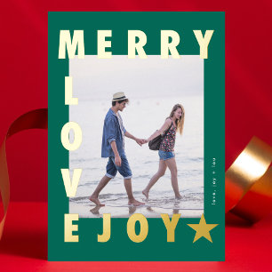 GOLD Green MERRY LOVE JOY photo FRAME Gold Foil Holiday Card